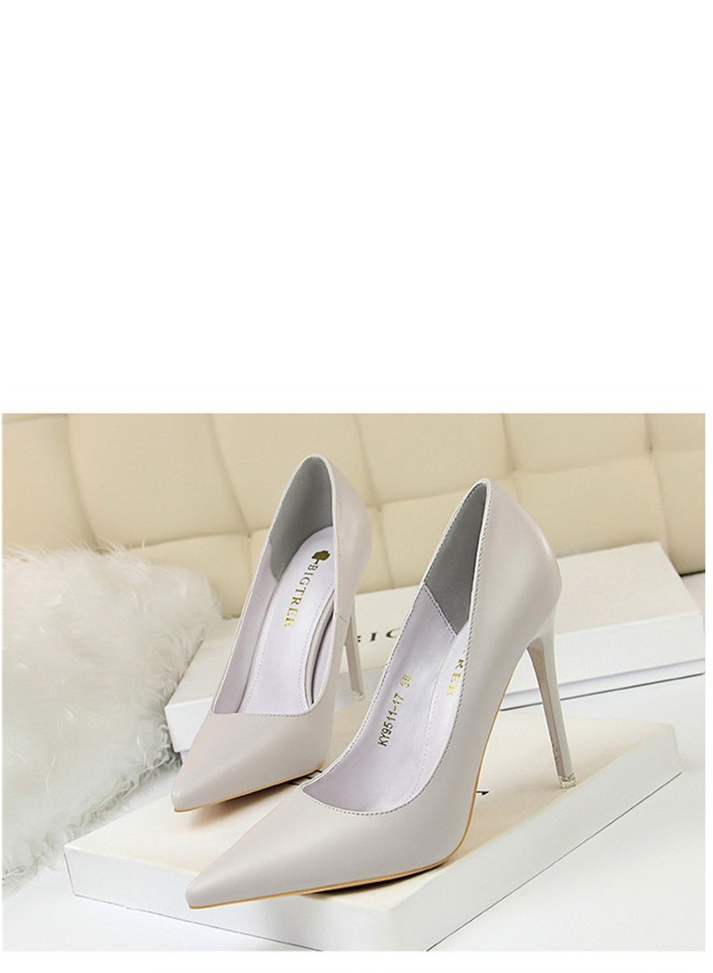 BIGTREE 10.5 سم كعب رفيع بسيط موضة مع سطح لامع جلد لامع رأس مدبب رفيع كعب نسائي رمادي - Image 1