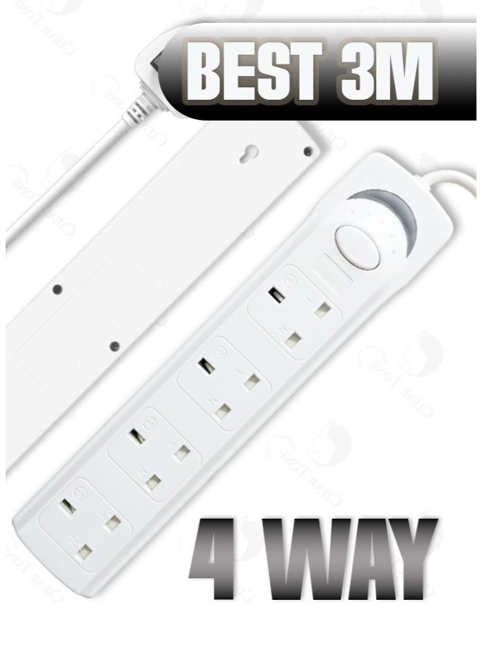 Best UK 3 Pin Power Strip Socket Board 4 Way with Master Switch, Up to 1700W Load, Wall Mounted Extension Socket, 3 Meter Cable for Home & Office, White - Image 1