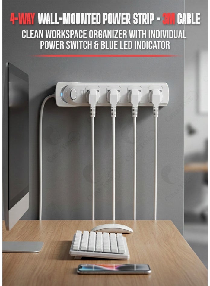 Best UK 3 Pin Power Strip Socket Board 4 Way with Master Switch, Up to 1700W Load, Wall Mounted Extension Socket, 3 Meter Cable for Home & Office, White - Image 2