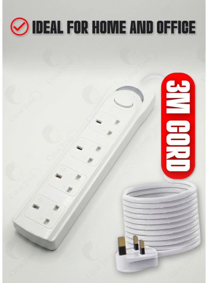 Best UK 3 Pin Power Strip Socket Board 4 Way with Master Switch, Up to 1700W Load, Wall Mounted Extension Socket, 3 Meter Cable for Home & Office, White - Image 4