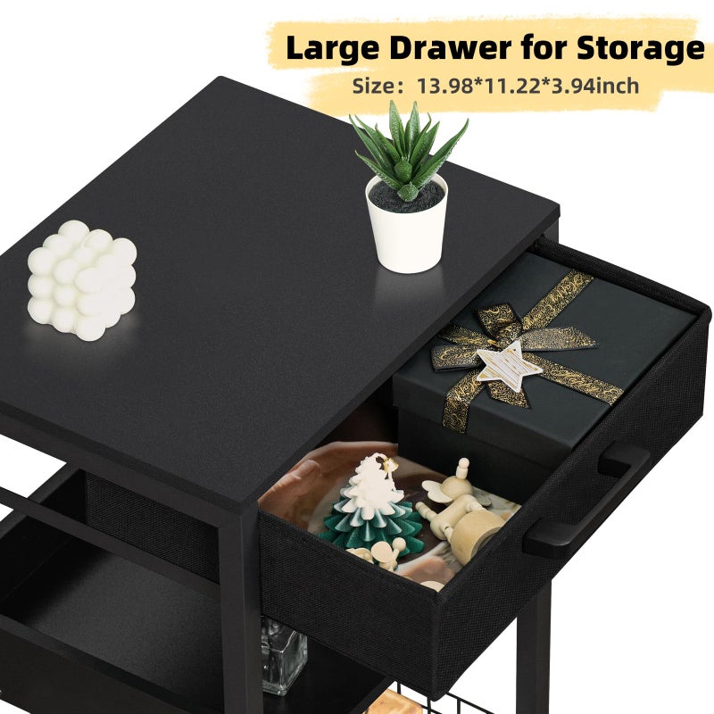 Lerliuo Pure Black Printer Table with Fabric Drawer,3 Tier Industrial Wood Printer Stand with Storage Shelf,Modern Tall End Table,Nightstand,Bed Side Tables for Scanner Fax Home Office Small Spaces - Image 4