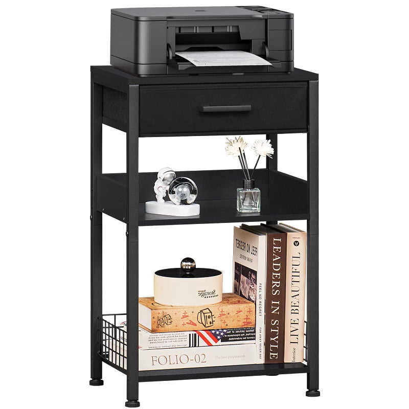 Lerliuo Pure Black Printer Table with Fabric Drawer,3 Tier Industrial Wood Printer Stand with Storage Shelf,Modern Tall End Table,Nightstand,Bed Side Tables for Scanner Fax Home Office Small Spaces - Image 1