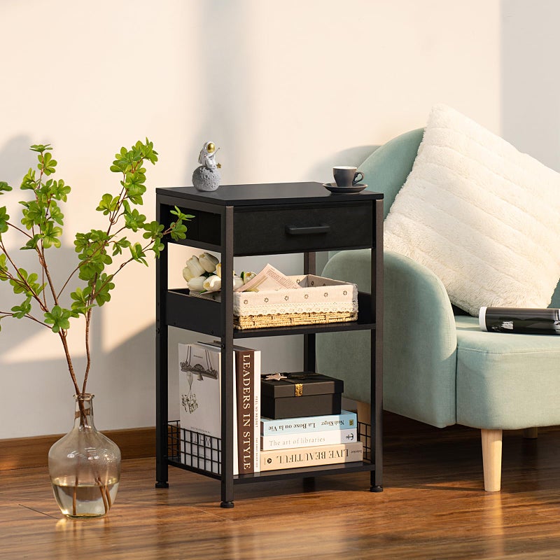 Lerliuo Pure Black Printer Table with Fabric Drawer,3 Tier Industrial Wood Printer Stand with Storage Shelf,Modern Tall End Table,Nightstand,Bed Side Tables for Scanner Fax Home Office Small Spaces - Image 2