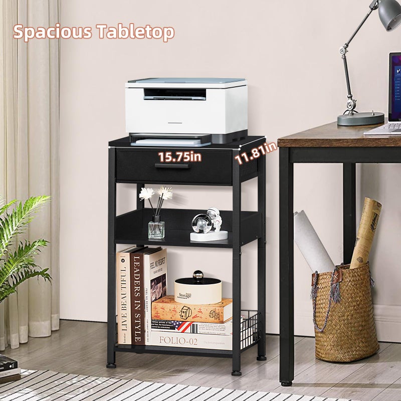 Lerliuo Pure Black Printer Table with Fabric Drawer,3 Tier Industrial Wood Printer Stand with Storage Shelf,Modern Tall End Table,Nightstand,Bed Side Tables for Scanner Fax Home Office Small Spaces - Image 3