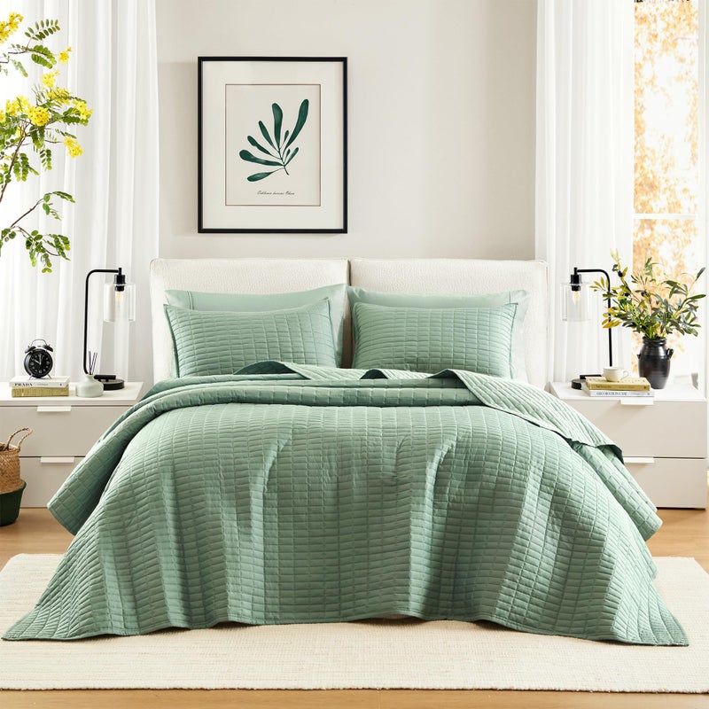 Comfort Spaces Sage Green Oversized Queen Quilt Set 102"x118" Bedspread Quilted Summer Lightweight Microfiber Bedding Coverlet with Double Sided Stitching Soft All Season 3 Piece with Matching Shams - Image 1