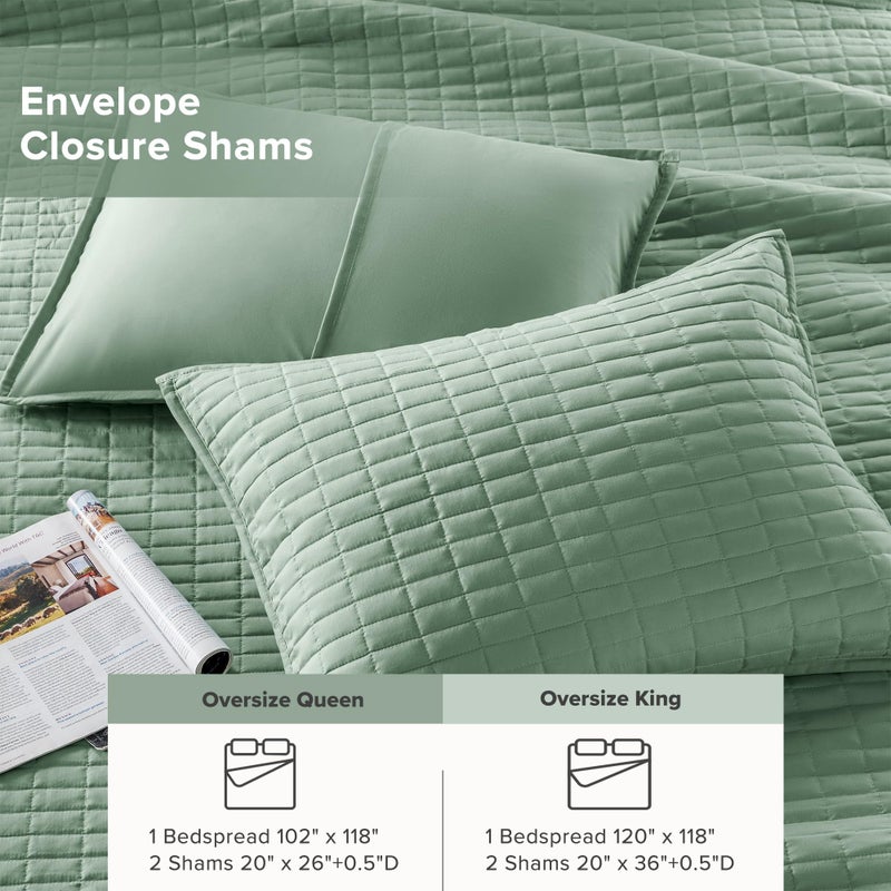 Comfort Spaces Sage Green Oversized Queen Quilt Set 102"x118" Bedspread Quilted Summer Lightweight Microfiber Bedding Coverlet with Double Sided Stitching Soft All Season 3 Piece with Matching Shams - Image 5