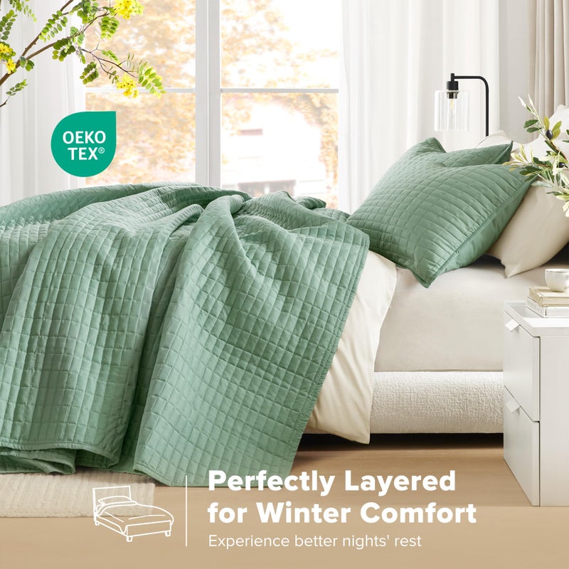 Comfort Spaces Sage Green Oversized Queen Quilt Set 102"x118" Bedspread Quilted Summer Lightweight Microfiber Bedding Coverlet with Double Sided Stitching Soft All Season 3 Piece with Matching Shams - Image 3