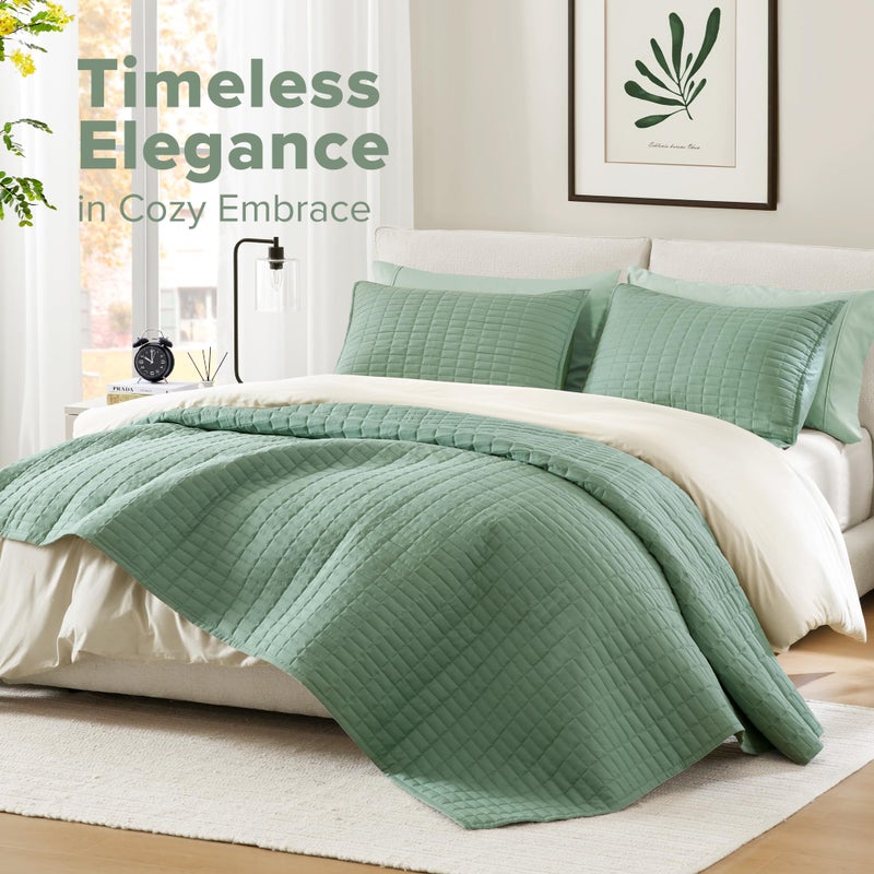 Comfort Spaces Sage Green Oversized Queen Quilt Set 102"x118" Bedspread Quilted Summer Lightweight Microfiber Bedding Coverlet with Double Sided Stitching Soft All Season 3 Piece with Matching Shams - Image 2