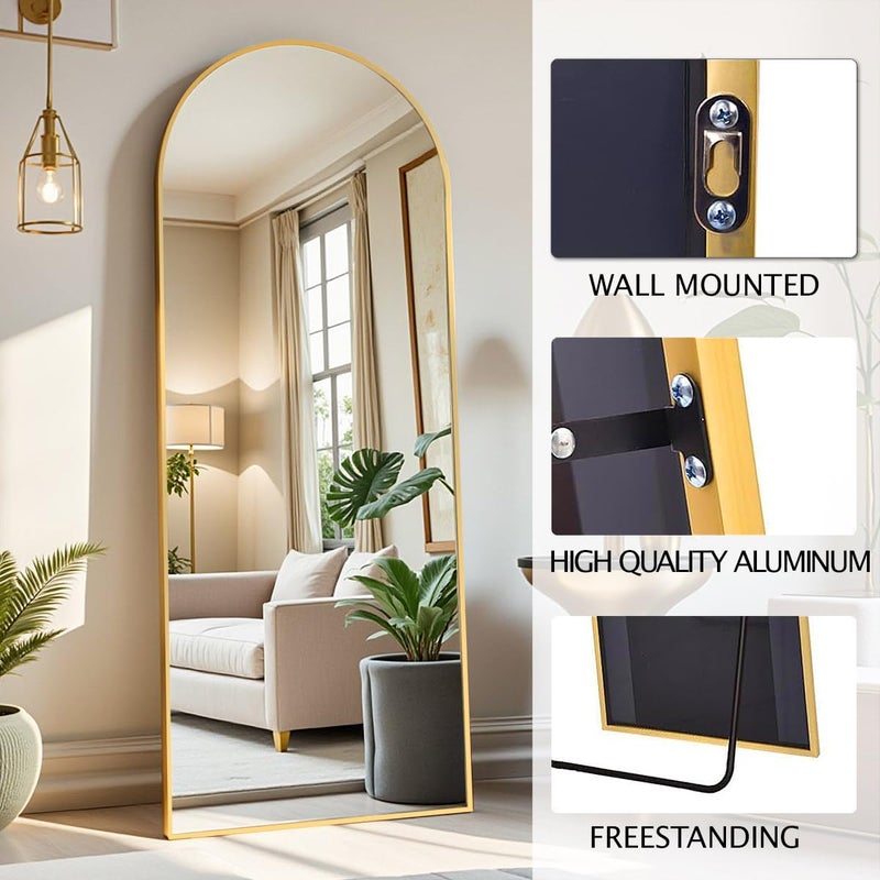 DMWOODFL 58"x18" Arched Full Length Mirror - Floor Standing or Wall Mounted with Stand, Aluminum Frame & Shatter-Proof Glass, Gold Freestanding Mirror for Bedroom, Living Room, Entryway Decor - Image 2