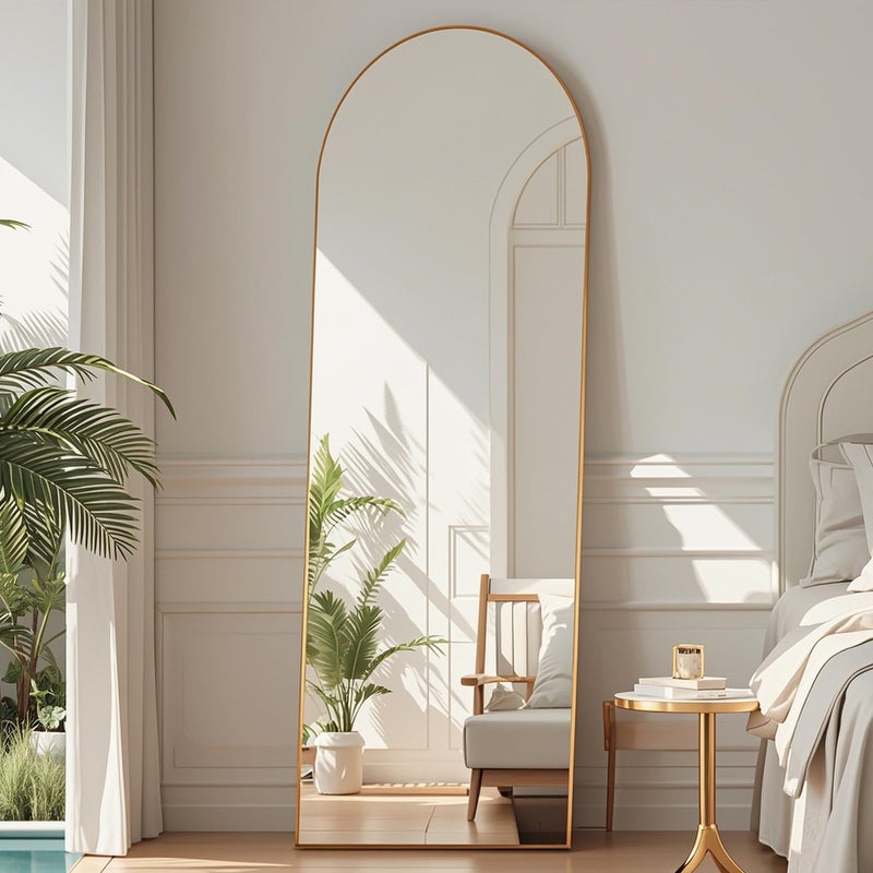 DMWOODFL 58"x18" Arched Full Length Mirror - Floor Standing or Wall Mounted with Stand, Aluminum Frame & Shatter-Proof Glass, Gold Freestanding Mirror for Bedroom, Living Room, Entryway Decor - Image 5