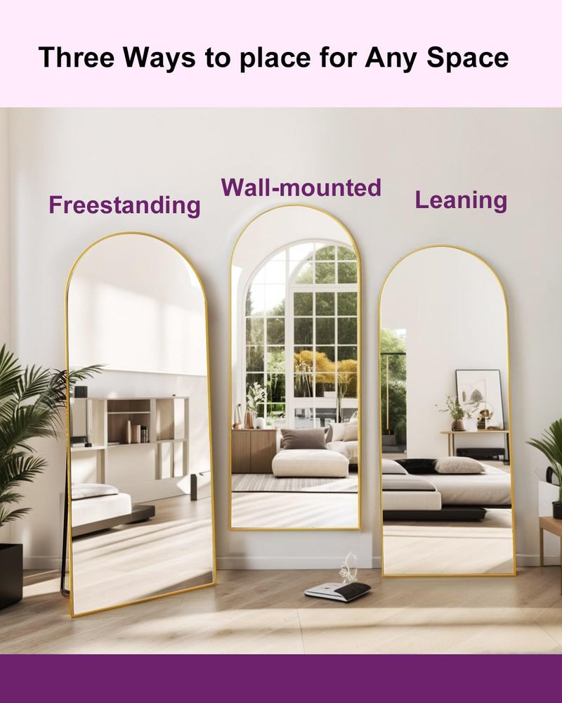 DMWOODFL 58"x18" Arched Full Length Mirror - Floor Standing or Wall Mounted with Stand, Aluminum Frame & Shatter-Proof Glass, Gold Freestanding Mirror for Bedroom, Living Room, Entryway Decor - Image 3