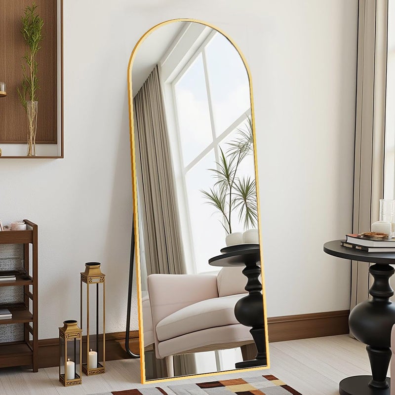 DMWOODFL 58"x18" Arched Full Length Mirror - Floor Standing or Wall Mounted with Stand, Aluminum Frame & Shatter-Proof Glass, Gold Freestanding Mirror for Bedroom, Living Room, Entryway Decor - Image 1