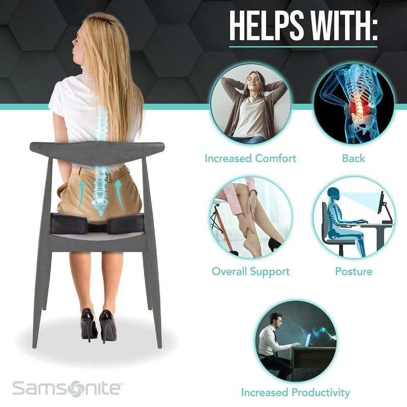 Samsonite وسادة مقعد ميموري فوم من سامسونيت – وسادة مريحة للكرسي المكتبي، وسادة ضغط لعظمة الذيل، دعم لعظمة الذيل لعرق النسا، وسادة داعمة للسيارة، المكتب، وكراسي الألعاب، سوداء - Image 3