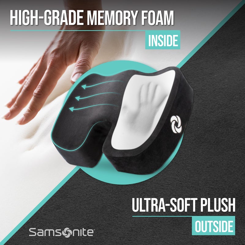 Samsonite وسادة مقعد ميموري فوم من سامسونيت – وسادة مريحة للكرسي المكتبي، وسادة ضغط لعظمة الذيل، دعم لعظمة الذيل لعرق النسا، وسادة داعمة للسيارة، المكتب، وكراسي الألعاب، سوداء - Image 2