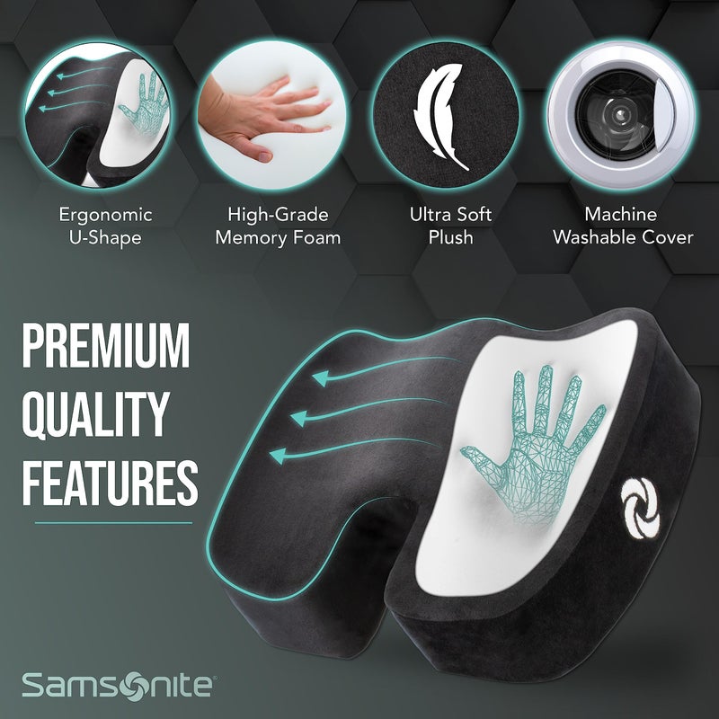 Samsonite وسادة مقعد ميموري فوم من سامسونيت – وسادة مريحة للكرسي المكتبي، وسادة ضغط لعظمة الذيل، دعم لعظمة الذيل لعرق النسا، وسادة داعمة للسيارة، المكتب، وكراسي الألعاب، سوداء - Image 5