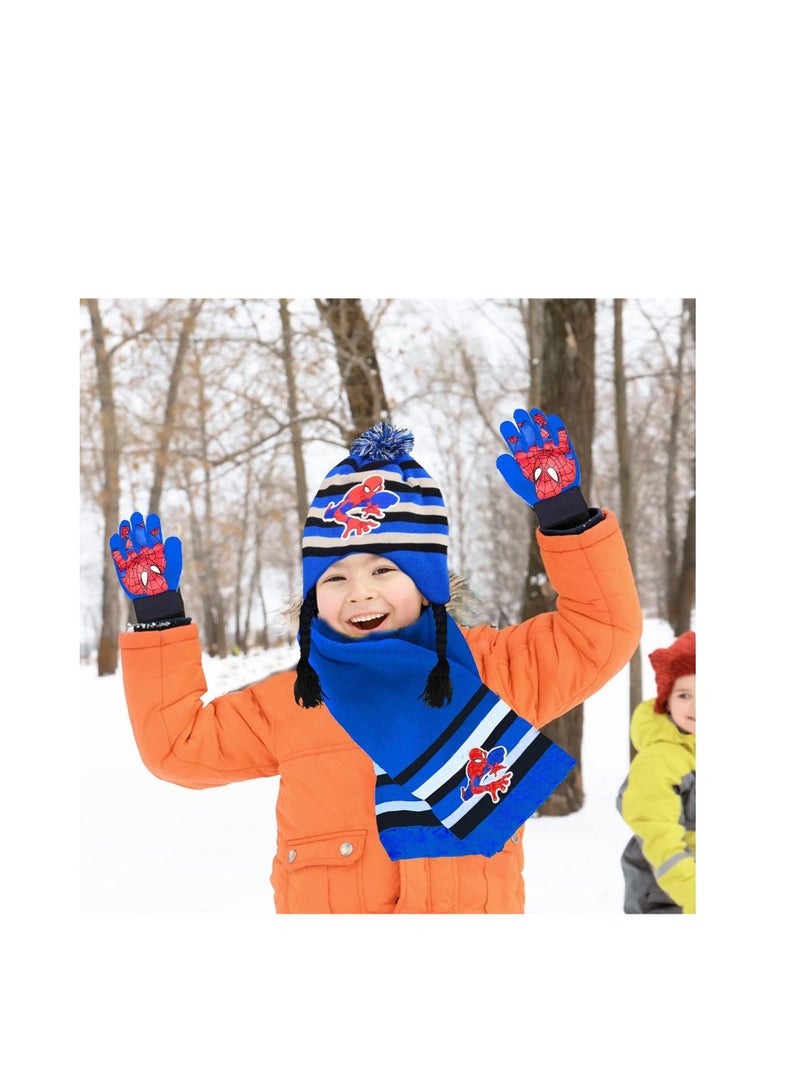 SYOSI Kids Winter Warm Hat Scarf Gloves Set, 3Pcs Spiderman Scarf Set, Children's Winter Hat Scarf Gloves Set,Children Winter Autumn Spring Scarf Knitted Hat Combination Set for Children Boys Girls - Image 3