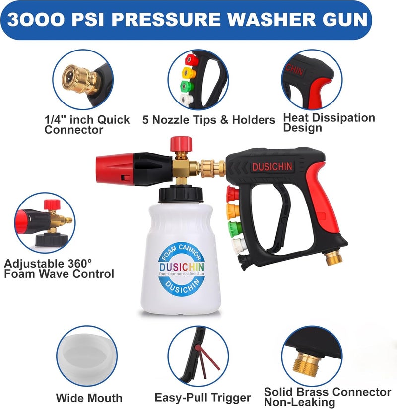 DUSICHIN Foam Cannon Short Pressure Washer Gun 1/4 Inch Quick Connector,5 Pressure Washer Nozzle Tips Car Wash Foam Gun 3/8'' Swivel Quick Connector,M22-14mm M22-15mm Fitting,Not Use with Garden Hose - Image 4