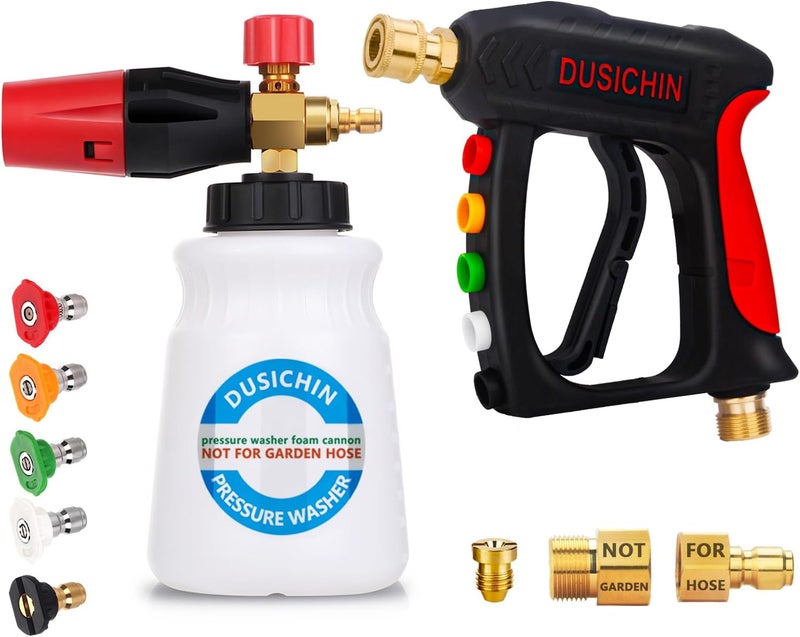 DUSICHIN Foam Cannon Short Pressure Washer Gun 1/4 Inch Quick Connector,5 Pressure Washer Nozzle Tips Car Wash Foam Gun 3/8'' Swivel Quick Connector,M22-14mm M22-15mm Fitting,Not Use with Garden Hose - Image 1