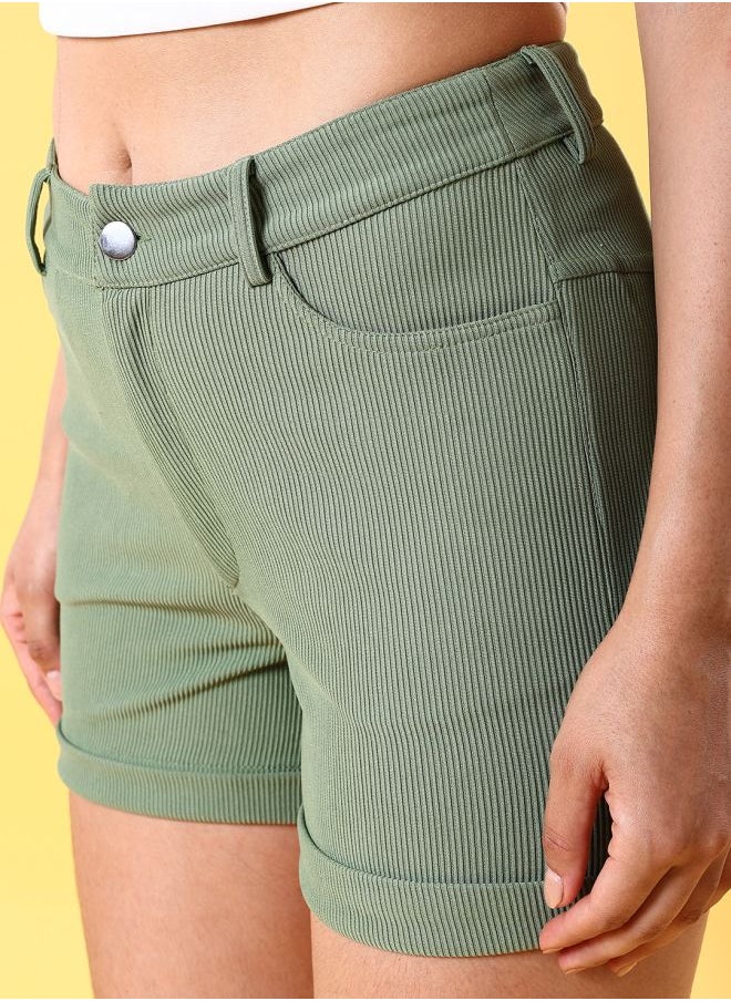 Freehand - Women Skinny Fit Casual Solid Corduroy Shorts - Image 1