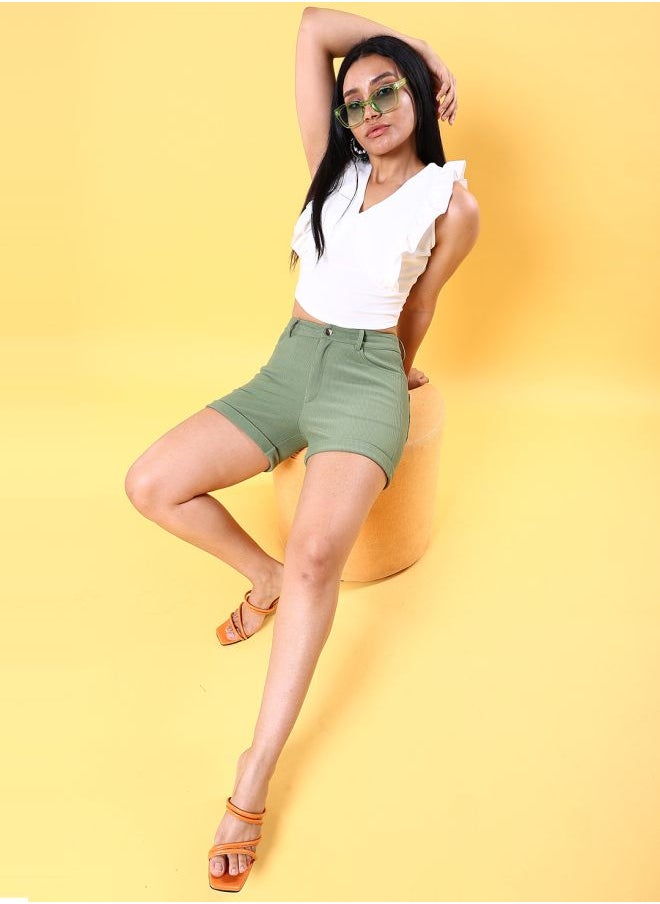 Freehand - Women Skinny Fit Casual Solid Corduroy Shorts - Image 1