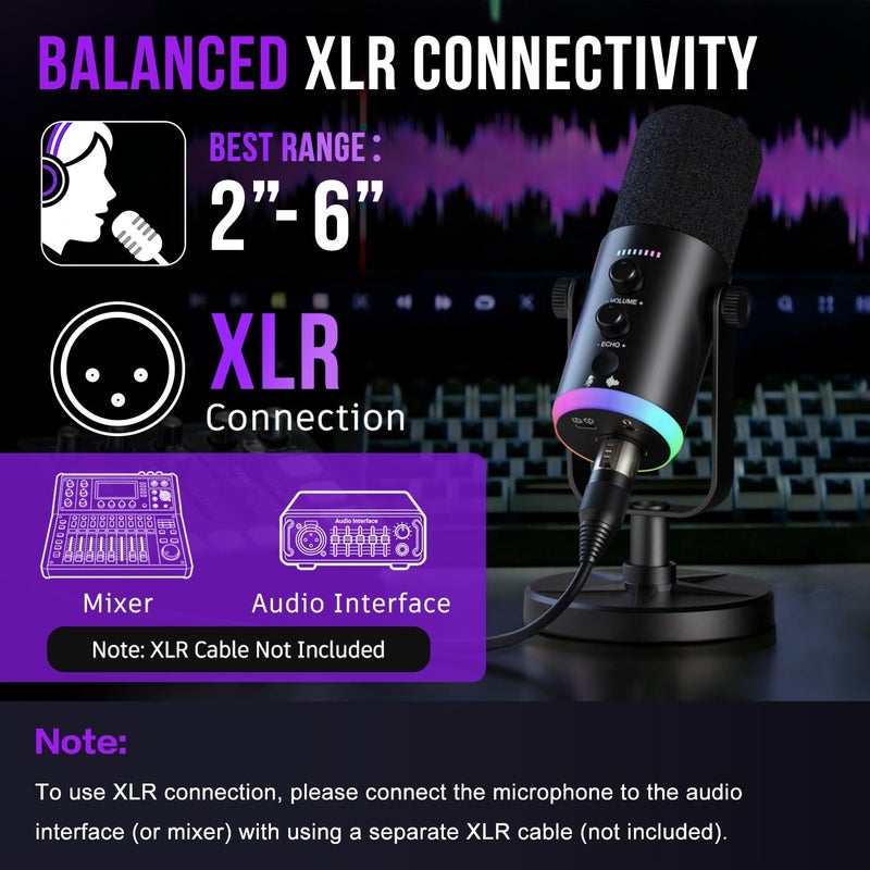 voijump Dynamic Microphone, USB-C/XLR Podcast Recording PC Microphone for Podcast Recording Streaming Gaming with RGB Light, Mute Button, Desktop Stand, Headphones Jack, Vocal Mic for Singing Tiktok YouTube - Image 4