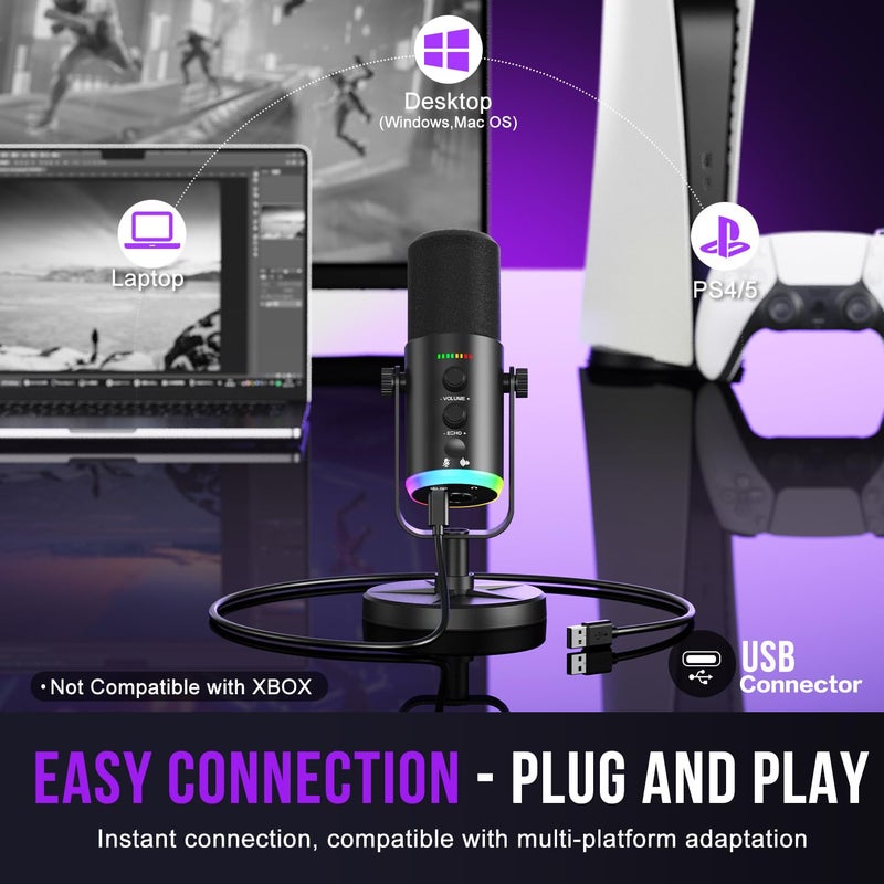 voijump Dynamic Microphone, USB-C/XLR Podcast Recording PC Microphone for Podcast Recording Streaming Gaming with RGB Light, Mute Button, Desktop Stand, Headphones Jack, Vocal Mic for Singing Tiktok YouTube - Image 5