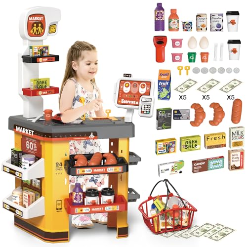 deAO Supermarket Playset for Kids with Working Scanner Register Toy Pretend PlayKid Grocery Store Playset 54PCS Play Food AccessoriesChristams Birthday Gift for 3 4 5 Kids Boys Girls - Image 1