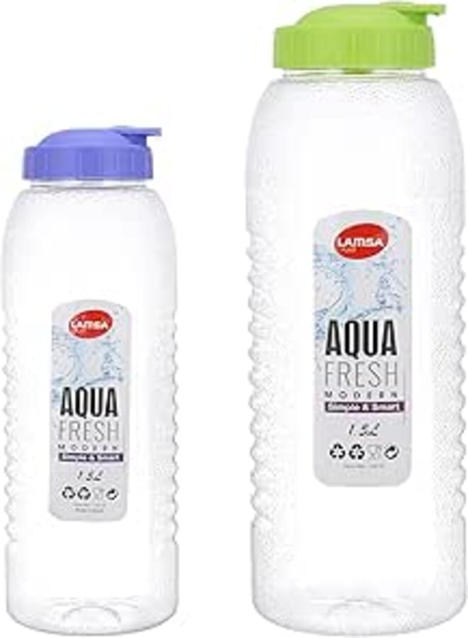 plastic water and juice bottle set 1.5 liters, made in egypt green and purple