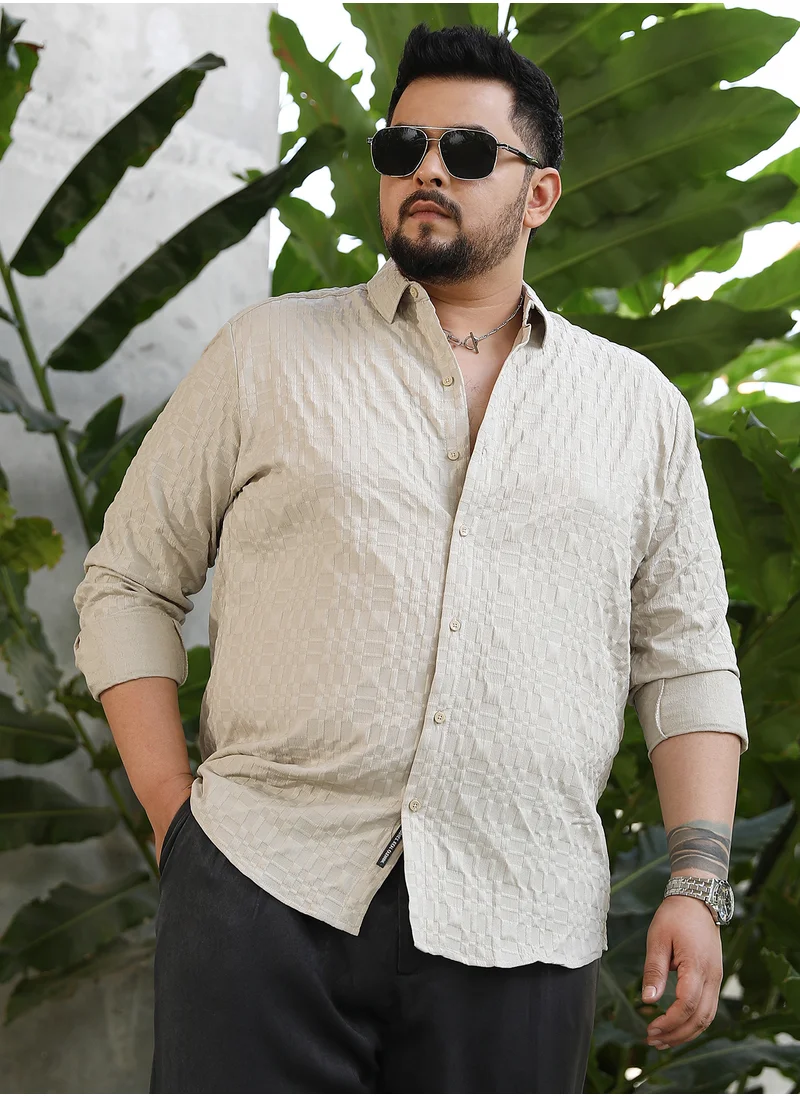 انستافاب بلس Instafab Plus Men's Saltbox Beige Embossed Geometric Shirt For Casual Wear | Spread Collar | Long Cuffed Sleeves | Button Closure | Plus Size Shirt Crafted With Comfort Fit For Everyday Wear