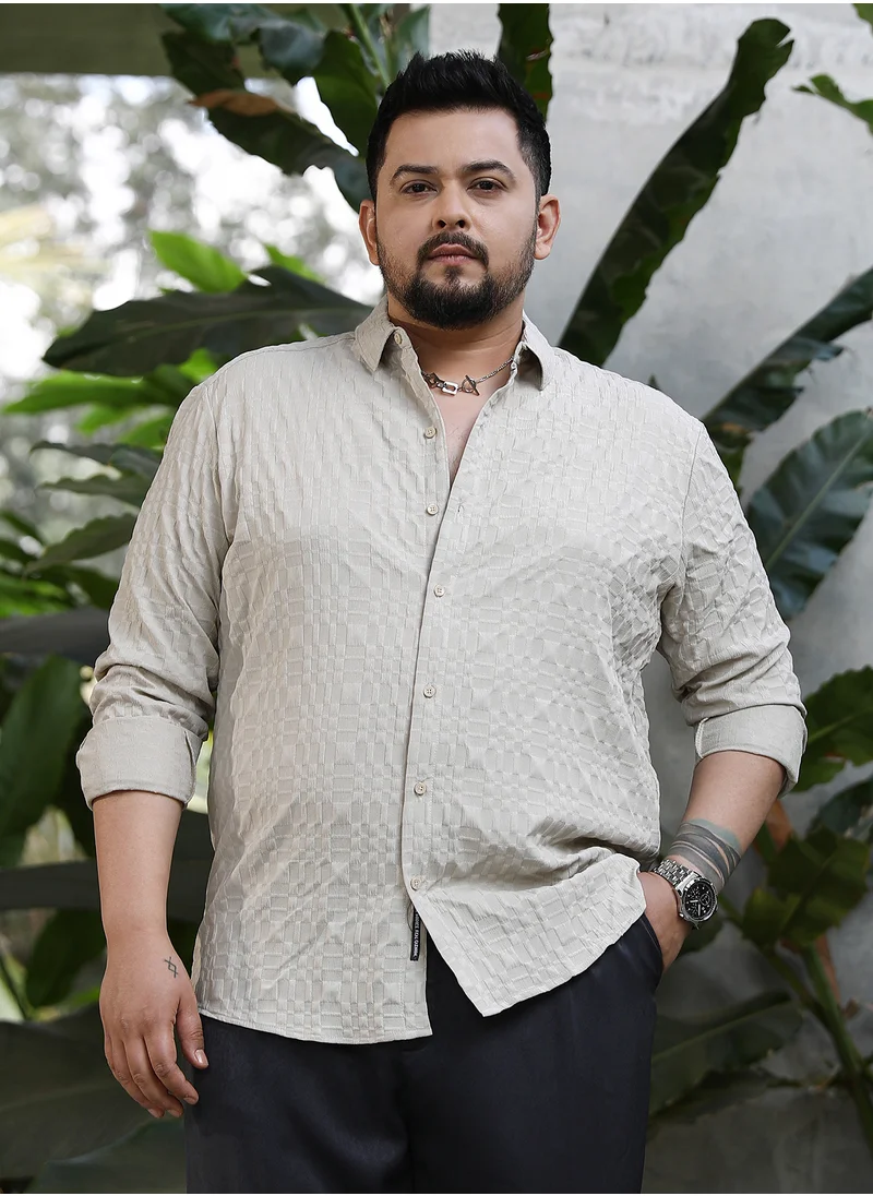 انستافاب بلس Instafab Plus Men's Saltbox Beige Embossed Geometric Shirt For Casual Wear | Spread Collar | Long Cuffed Sleeves | Button Closure | Plus Size Shirt Crafted With Comfort Fit For Everyday Wear