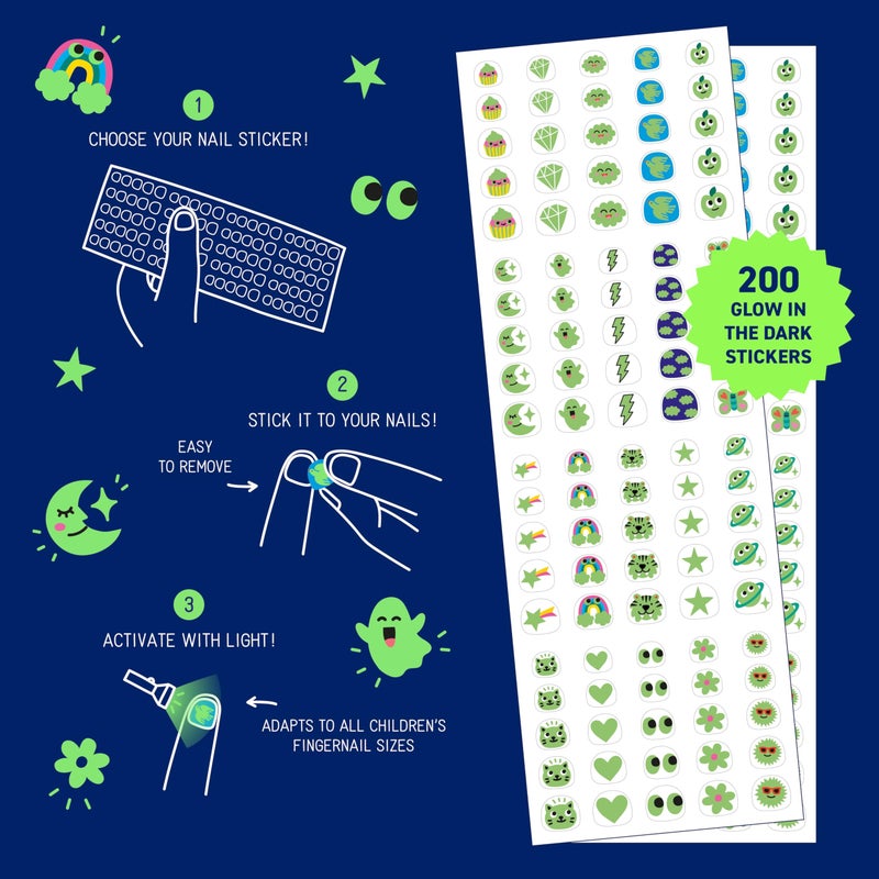Omy Glow in The Dark Nail Stickers for Kids - 200 Stickers, Waterproof, Durable, Fun, Creative Designs | Strong Enough to Last Through Hand Washing - Easy to Apply, Safe, Non-Toxic | Age 3 and Up - Image 3