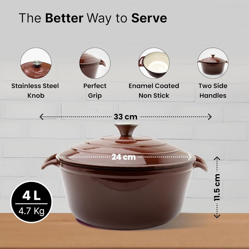 Kuber Industries Kuber Industries 4000ml Cast Iron Dutch Oven | Enamel Coated Biryani Handi Pot Heavy Bottom | Handi With Lid For Cooking | Rust Proof Iron Pot | Non Stick Gas & Induction Cookware  - Image 4