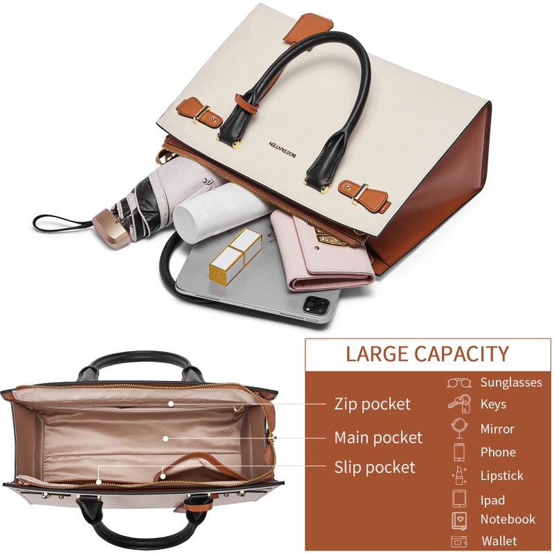 BOSTANTEN Women Leather Handbag Designer Satchel Purses Top Handle Shoulder Totes Crossbody Bag Beige with Brown - Image 4