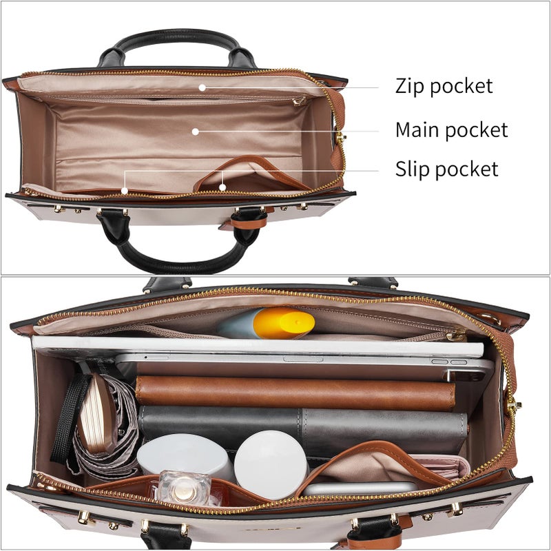 BOSTANTEN Women Leather Handbag Designer Satchel Purses Top Handle Shoulder Totes Crossbody Bag Beige with Brown - Image 3