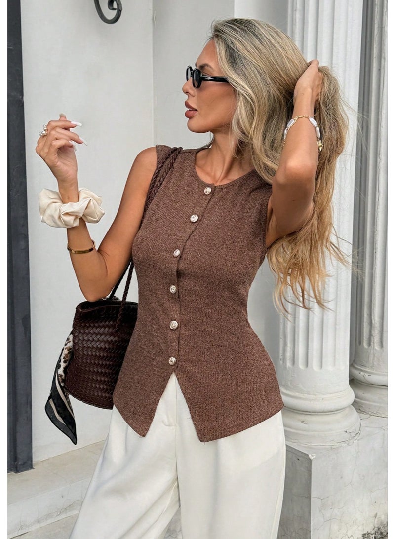 Shein Women's Solid Color Single-Breasted Round Neck Casual Versatile Tank Top-Style Sleeveless Knitted Vest For Women, New Style, Slimming And Versatile Top.,Summer - Image 5
