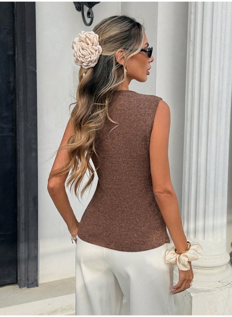 Shein Women's Solid Color Single-Breasted Round Neck Casual Versatile Tank Top-Style Sleeveless Knitted Vest For Women, New Style, Slimming And Versatile Top.,Summer - Image 2
