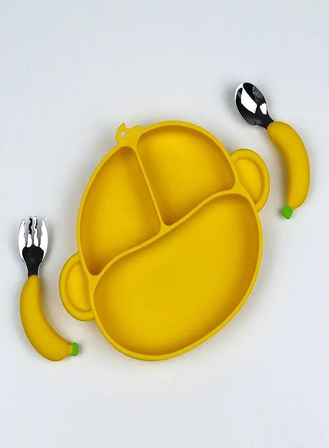 PRECHANA Suction Feedingplates For Babies, Silicone Feedingplates With Suction Divided, Babies Spoon Fork Set For Toddler Baby Dishes Kids (Monkey), Multicolor - Image 1