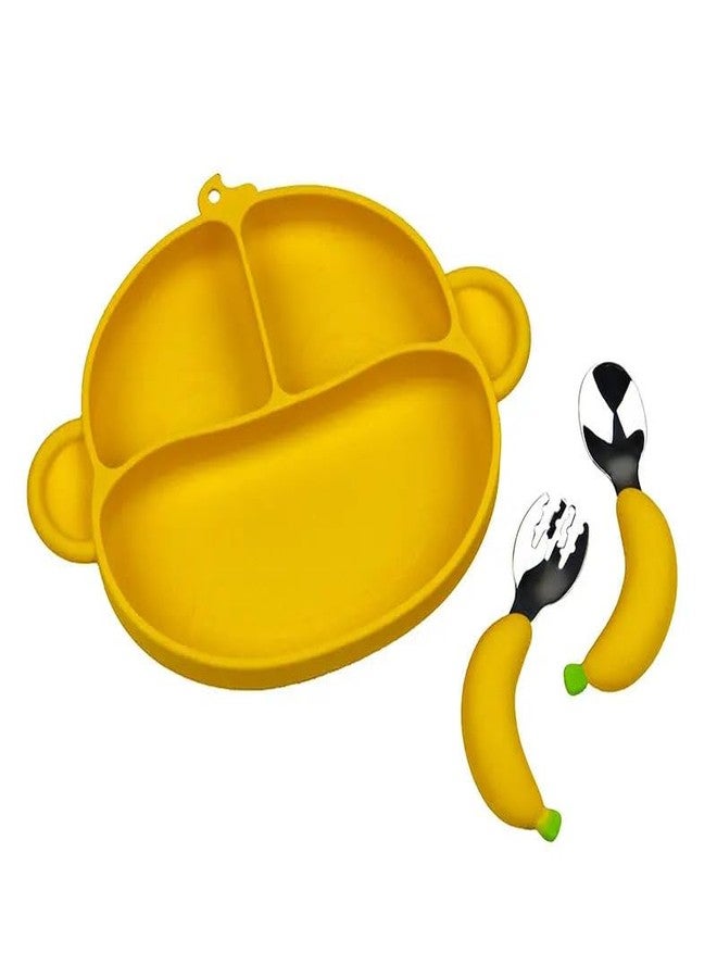 PRECHANA Suction Feedingplates For Babies, Silicone Feedingplates With Suction Divided, Babies Spoon Fork Set For Toddler Baby Dishes Kids (Monkey), Multicolor - Image 2