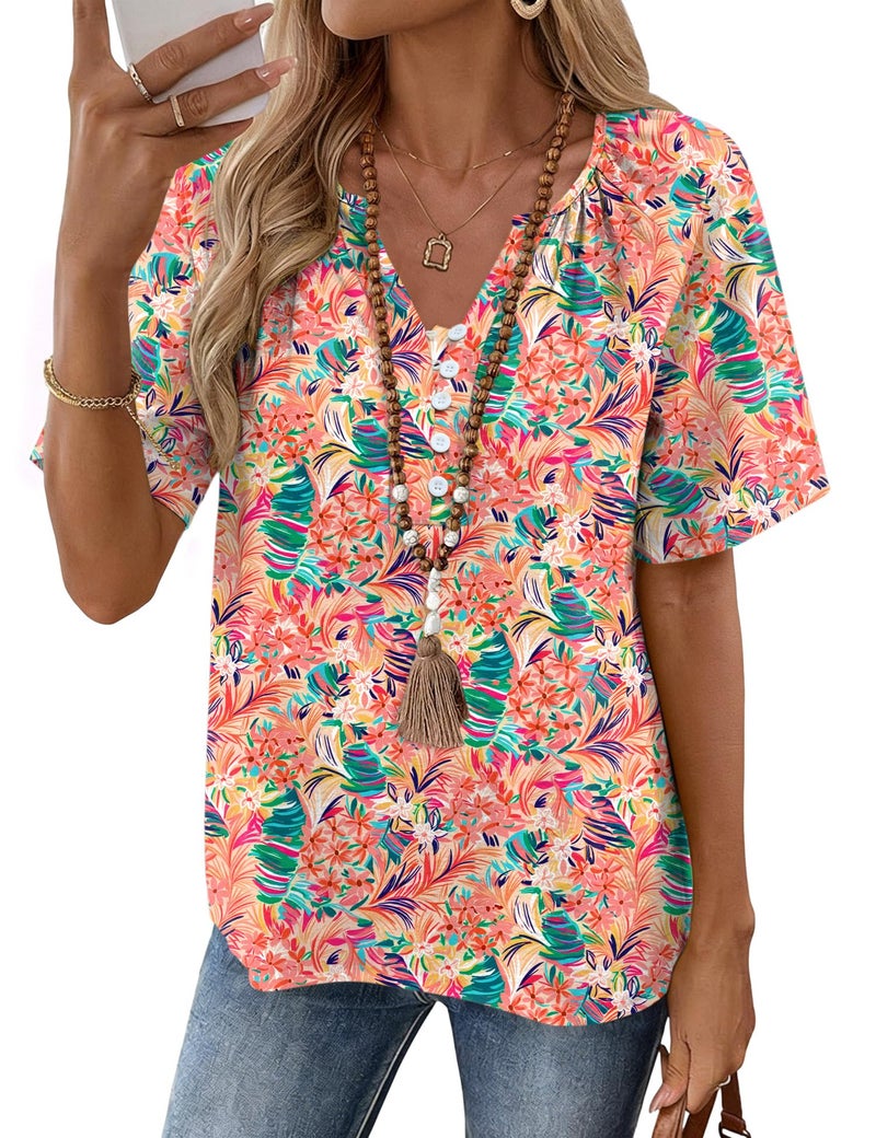 Rapbin Boho Summer Outfits for Women: Hawaiian Shirts for Women Casual Trendy V Neck Linen Top Womens Short Sleeve Tops Hawaiian Print L - Image 1