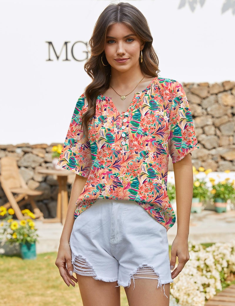 Rapbin Boho Summer Outfits for Women: Hawaiian Shirts for Women Casual Trendy V Neck Linen Top Womens Short Sleeve Tops Hawaiian Print L - Image 3