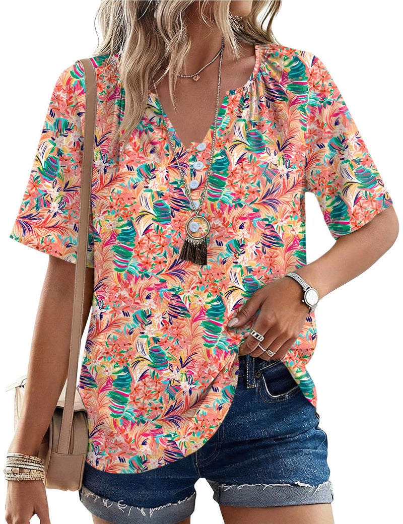 Rapbin Boho Summer Outfits for Women: Hawaiian Shirts for Women Casual Trendy V Neck Linen Top Womens Short Sleeve Tops Hawaiian Print L - Image 2