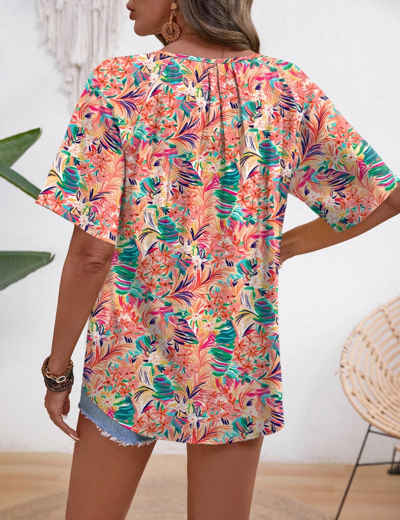 Rapbin Boho Summer Outfits for Women: Hawaiian Shirts for Women Casual Trendy V Neck Linen Top Womens Short Sleeve Tops Hawaiian Print L - Image 5