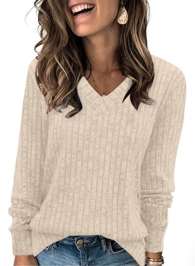 SAMPEEL V Neck Long Sleeve Shirts for Women Casual Fall Tops Lightweight Tunic Sweaters Fashion Clothes Loose Fit 2025, Khaki, XL - Image 1