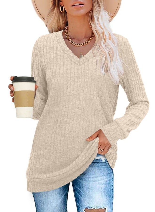 SAMPEEL V Neck Long Sleeve Shirts for Women Casual Fall Tops Lightweight Tunic Sweaters Fashion Clothes Loose Fit 2025, Khaki, XL - Image 3