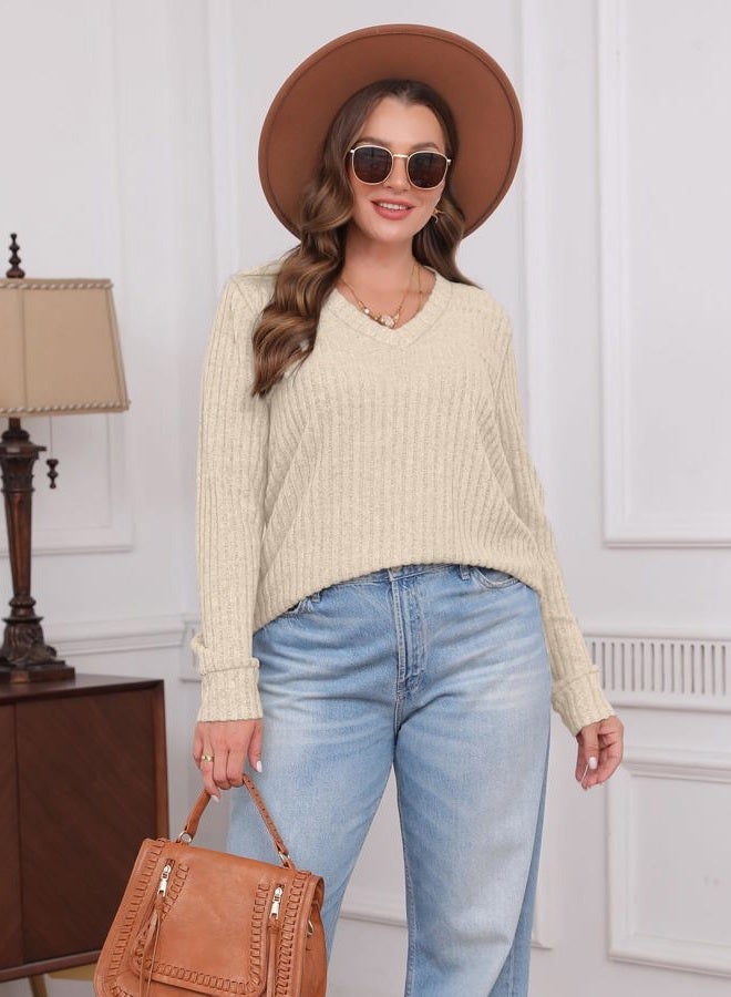 SAMPEEL V Neck Long Sleeve Shirts for Women Casual Fall Tops Lightweight Tunic Sweaters Fashion Clothes Loose Fit 2025, Khaki, XL - Image 4