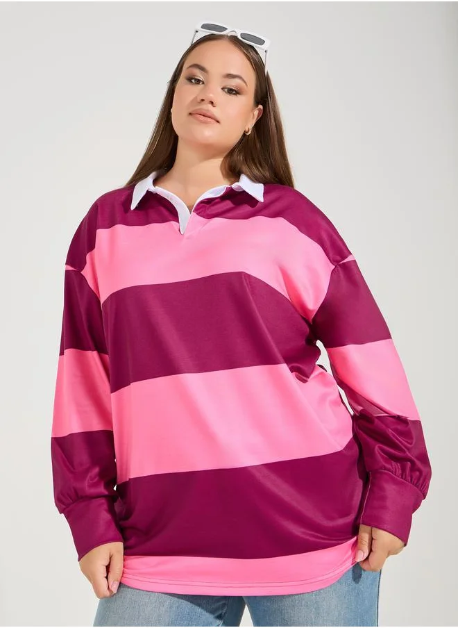 Styli Plus Size Color Block Striped Collared Long Sleeve Oversized Polo T-shirt