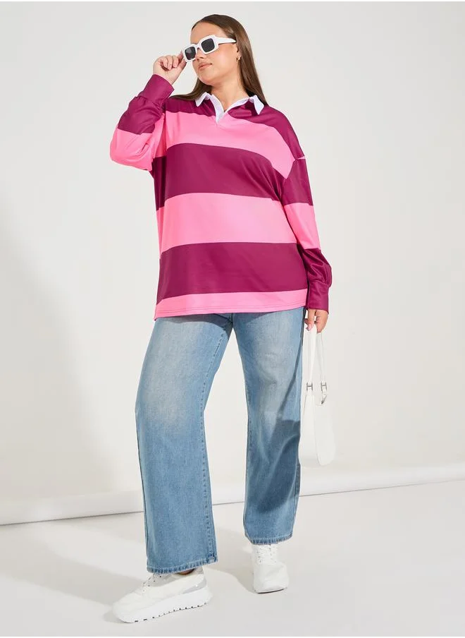 Styli Plus Size Color Block Striped Collared Long Sleeve Oversized Polo T-shirt