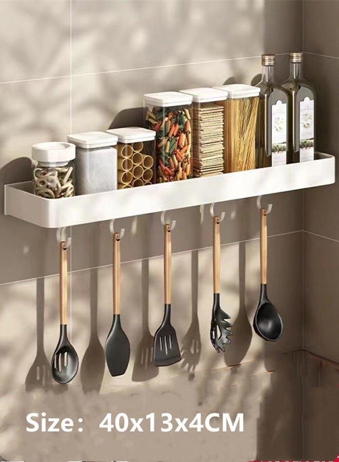 Kutis 2-Piece Kitchen Aluminium Alloy Wall Organizer with 5 Hook Bathroom Wall Mounted  Storage Shelves White 40x13x4 CM - Image 2