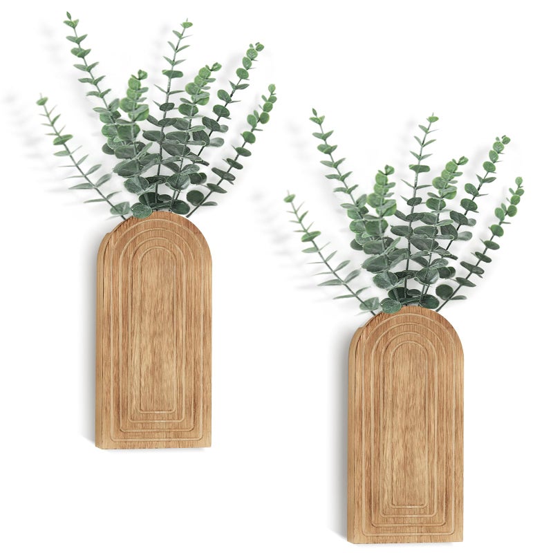 Dahey Wood Wall Planter Vase with Artificial Eucalyptus, 2 Pack Hanging Planter for Indoor Fake Plants Modern Boho Farmhouse Wall Art Decor for Bathroom Bedroom Kitchen Office Home Decoration, Natural - Image 1