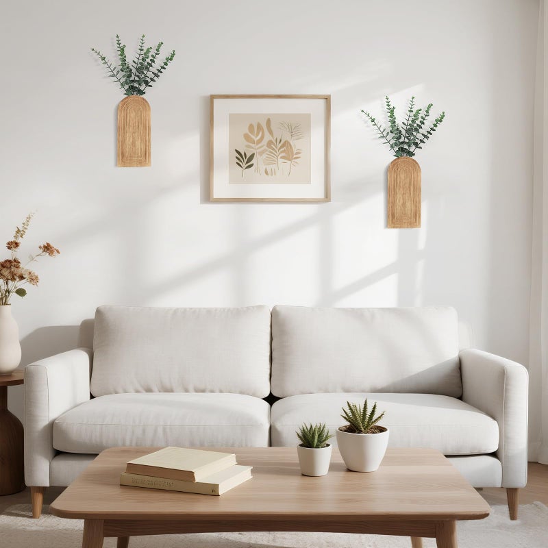 Dahey Wood Wall Planter Vase with Artificial Eucalyptus, 2 Pack Hanging Planter for Indoor Fake Plants Modern Boho Farmhouse Wall Art Decor for Bathroom Bedroom Kitchen Office Home Decoration, Natural - Image 2